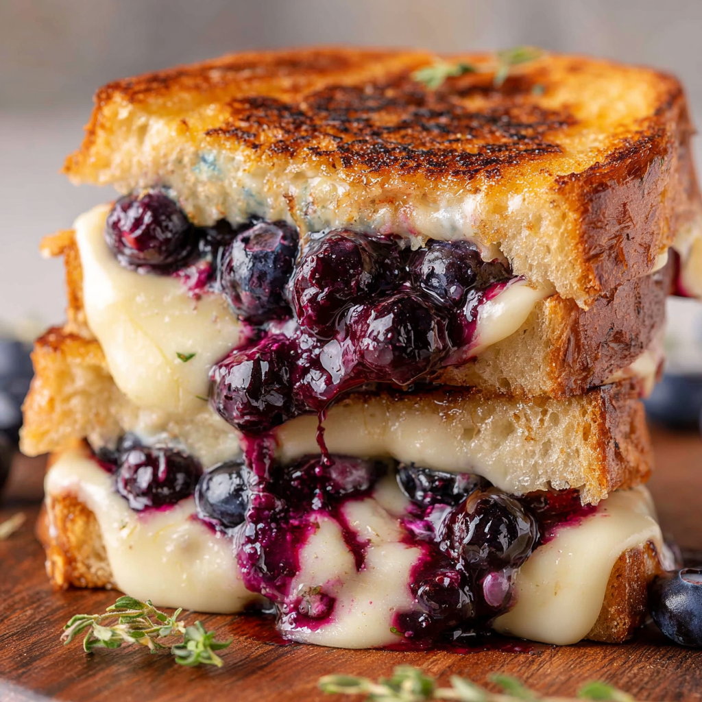A tempting Blueberry Brie Grilled Cheese sandwich sits stacked neatly on a wooden board.