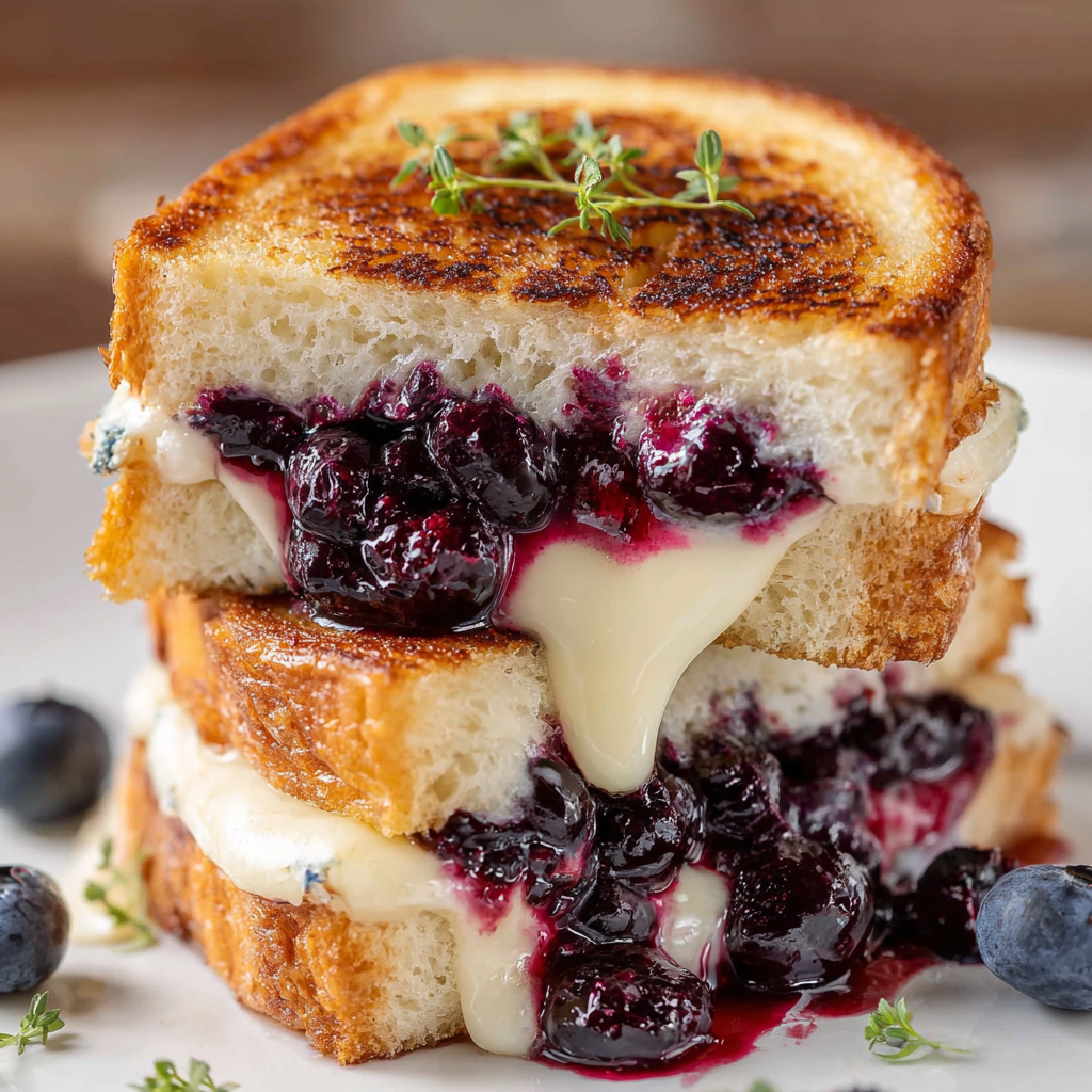 Stacked grilled cheese sandwiches oozing blueberries and smooth cheese.