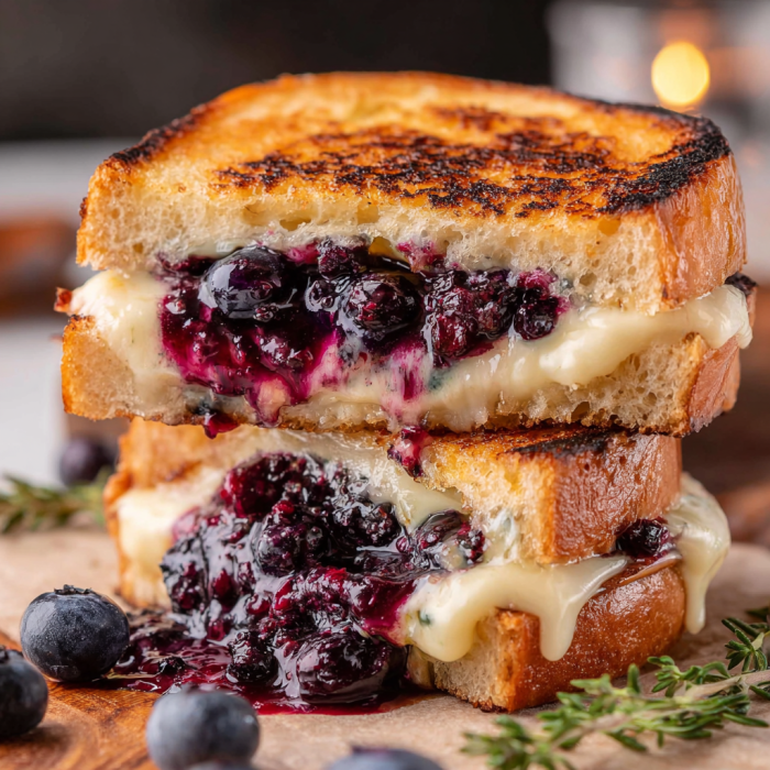 Cheesy blueberry sandwich next to fresh herbs—totally tempting.