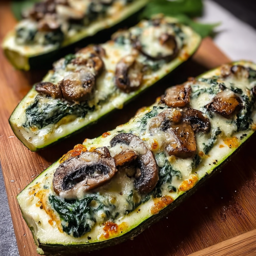 Two stuffed zucchini boats filled with spinach, mushrooms, and ricotta cheese.