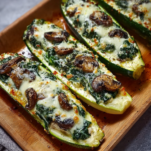 A wooden cutting board holds a variety of vegetables, including zucchini, mushrooms, and spinach, all prepared for a delicious recipe.