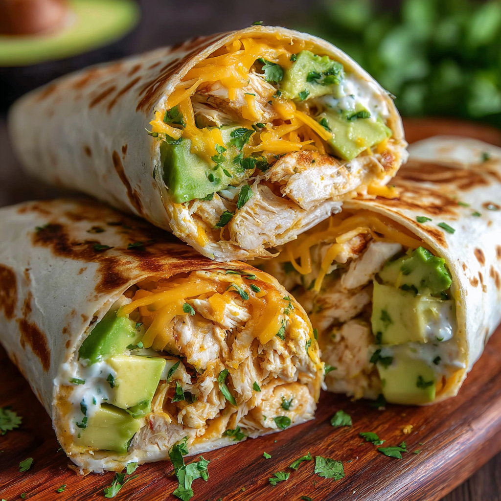A delicious Chicken Avocado Ranch Burrito is served on a wooden platter.