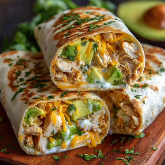 A delicious chicken and avocado wrap is displayed on a wooden cutting board.