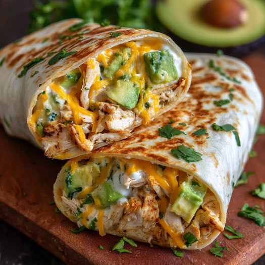 A delicious chicken burrito with cheese and avocado.