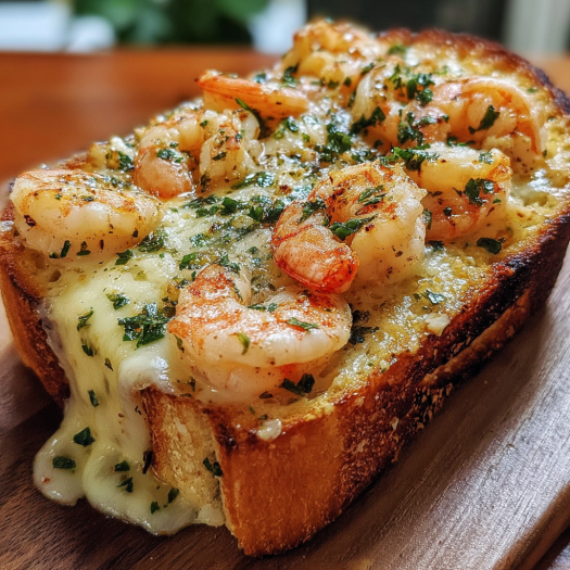 A slice of garlic bread with shrimp and cheese on top.