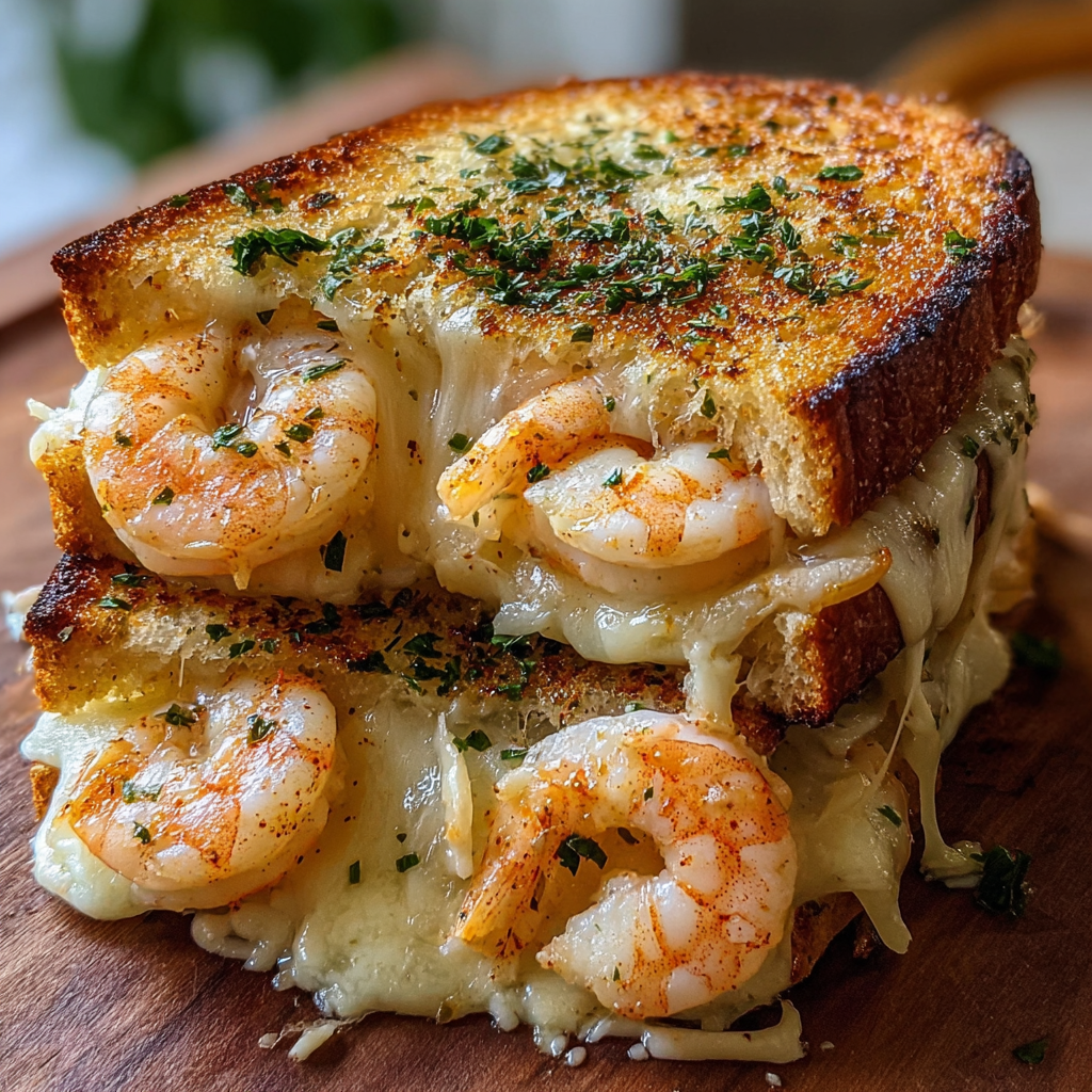 A delicious grilled cheese sandwich with shrimp and garlic bread.