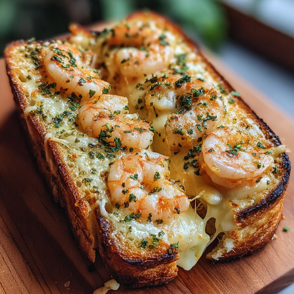 A slice of garlic bread with shrimp and cheese on top.