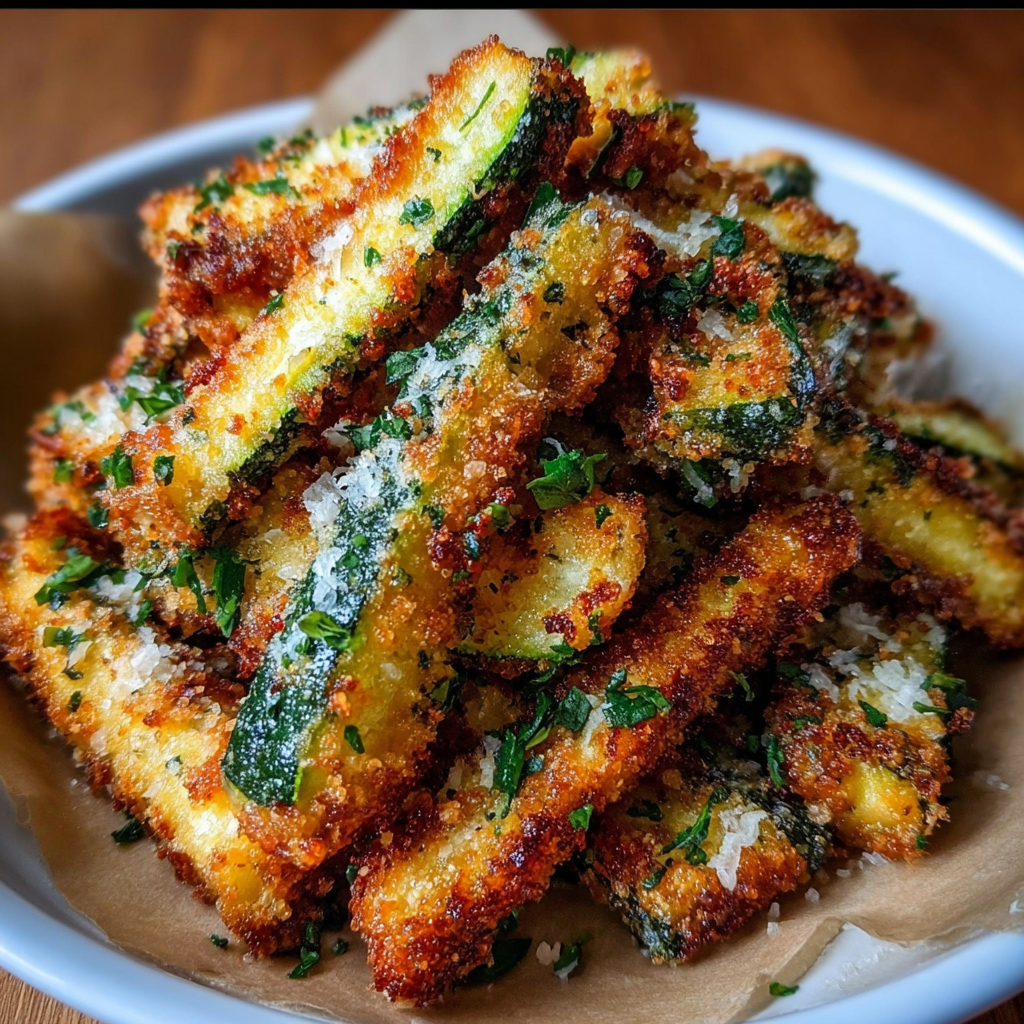 A bowl filled with crispy Parmesan garlic zucchini fries.