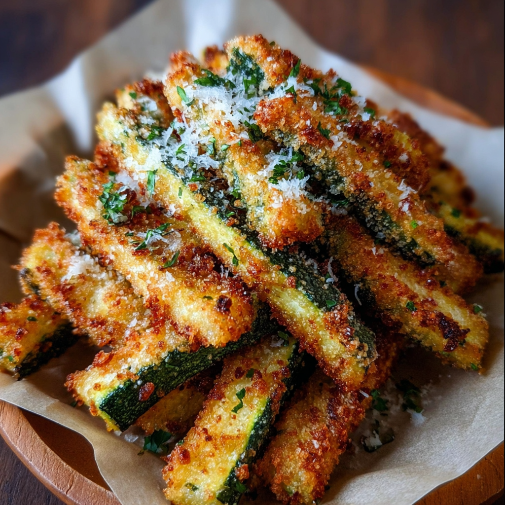 A plate of breaded zucchini sticks with cheese and herbs on top.