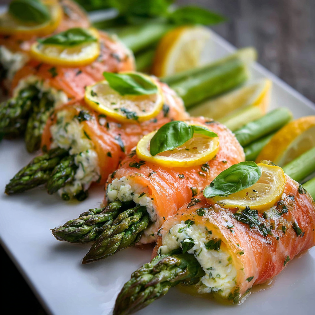 A plate of food with a variety of ingredients, including asparagus, lemon, and cream cheese, is presented in a visually appealing manner.