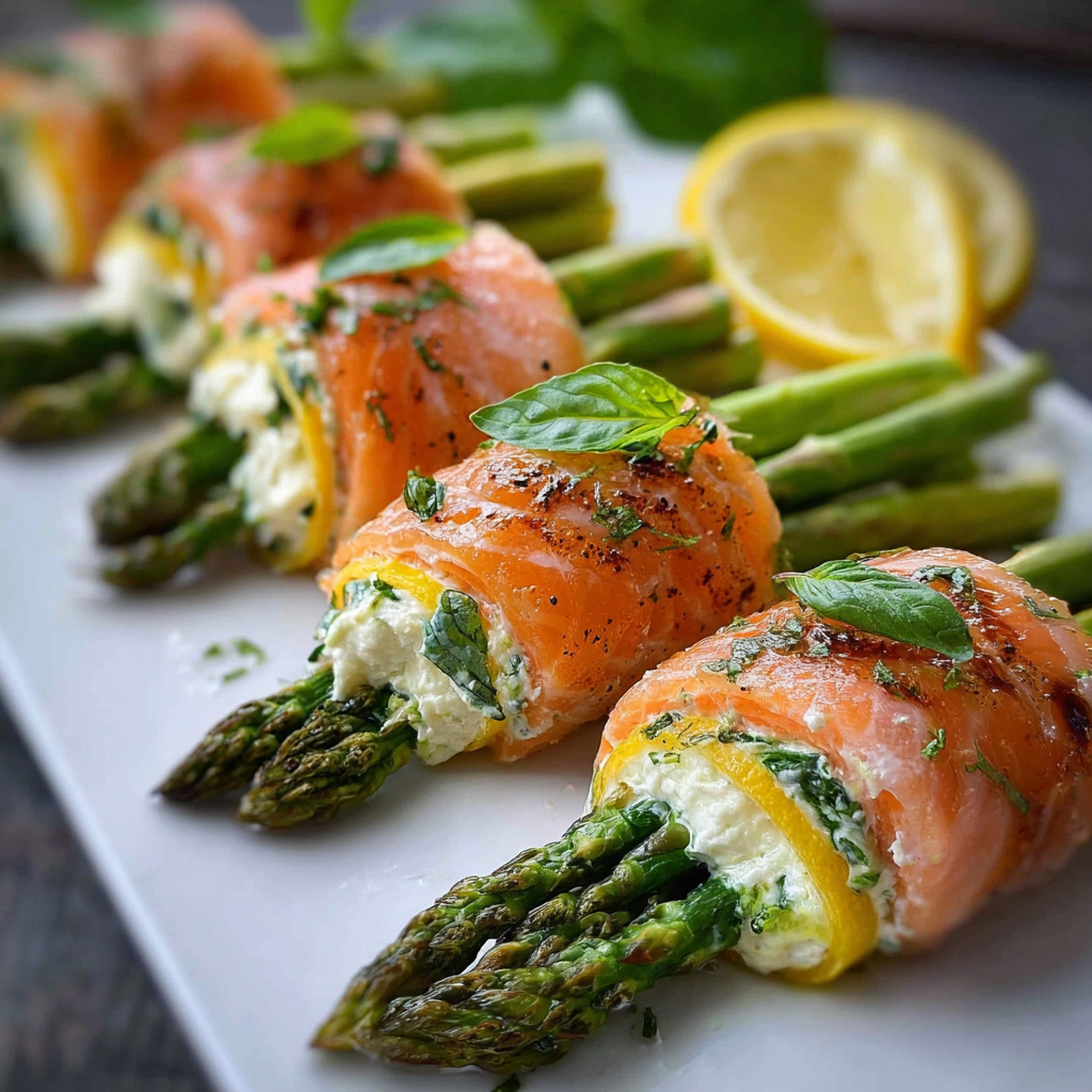 A plate of food with a variety of ingredients, including asparagus, lemon, and salmon, is presented.