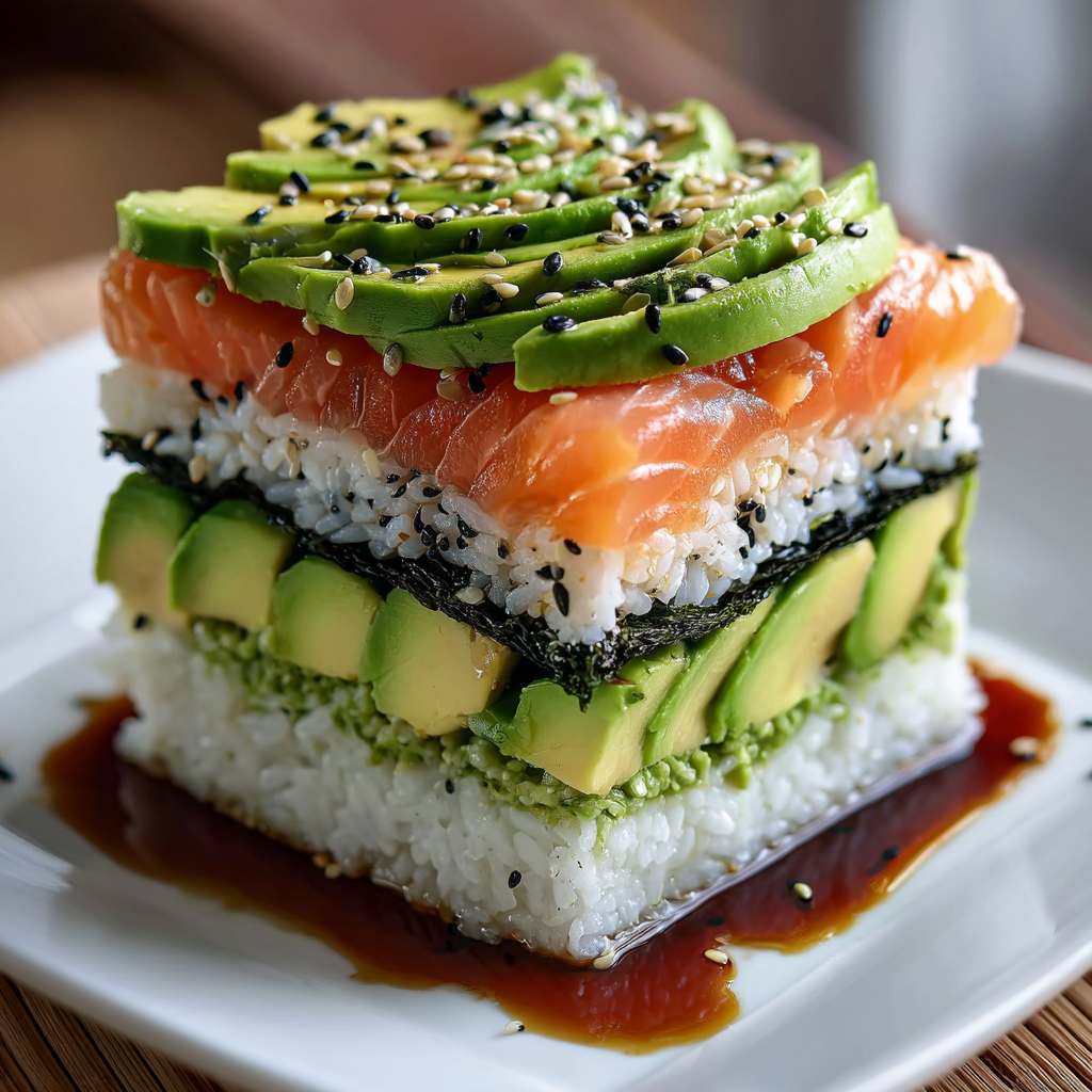 A plate of sushi with rice, avocado, and salmon.