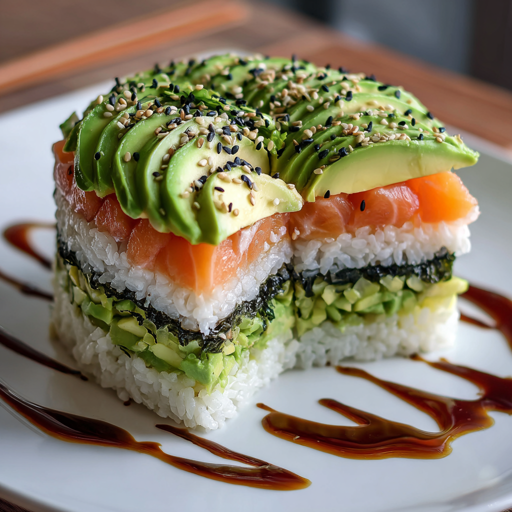 A plate of sushi with rice, avocado, and salmon.