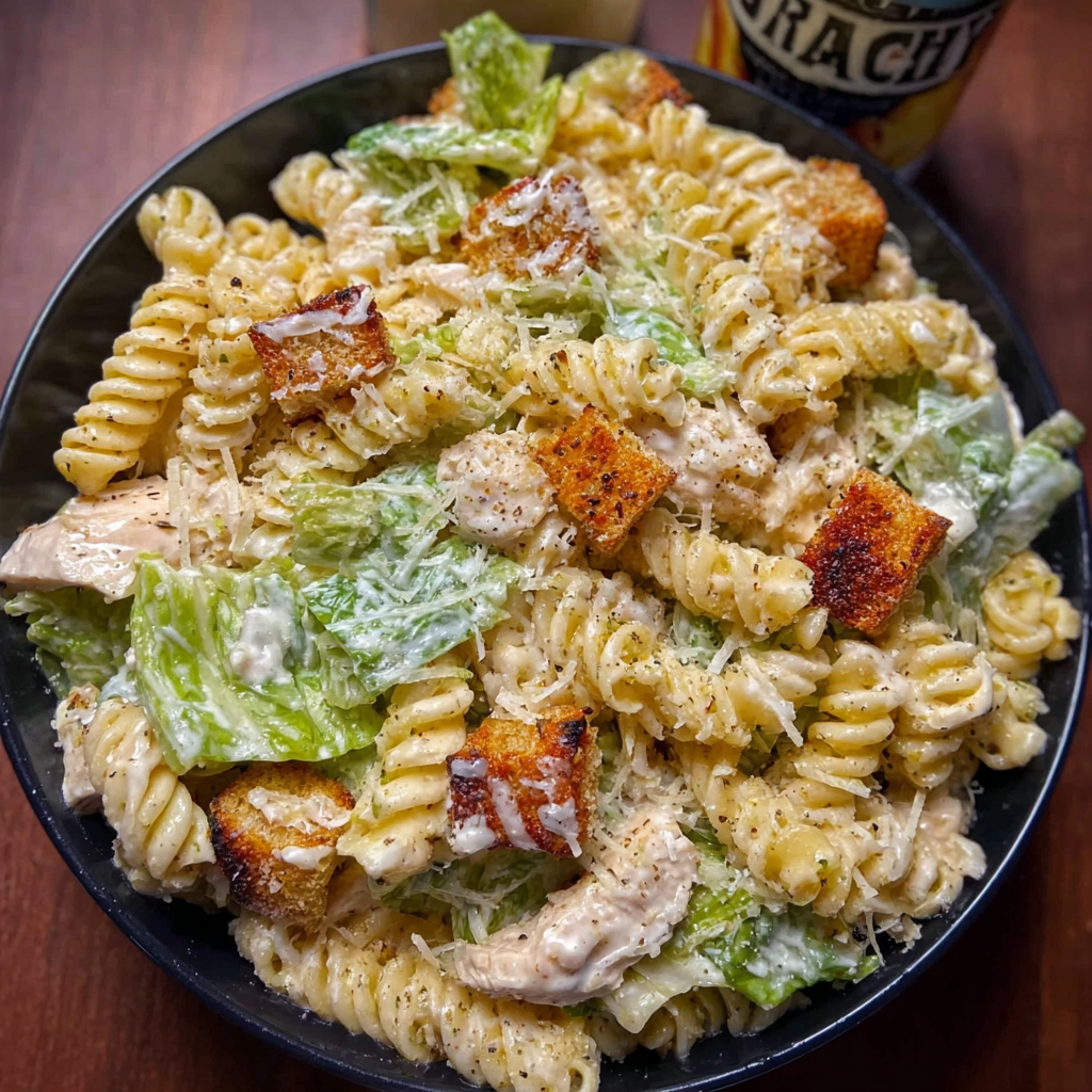 A bowl of pasta salad with chicken, cheese, and croutons.