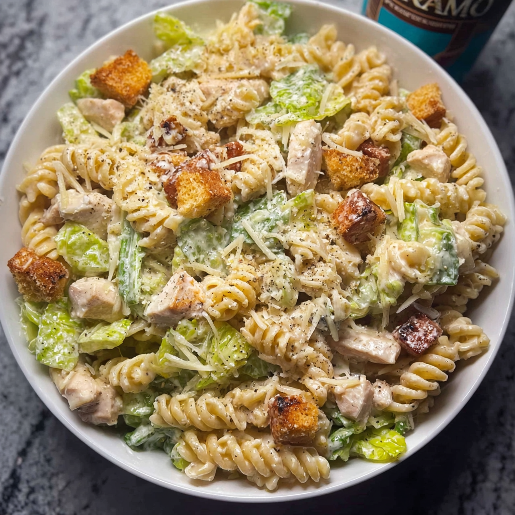 A bowl of pasta salad with chicken, cheese, and croutons.