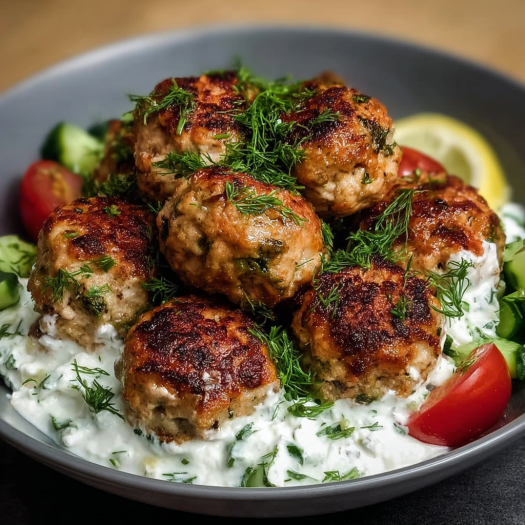 A bowl of meatballs with a side of vegetables, including tomatoes and cucumbers, and a dollop of sour cream.