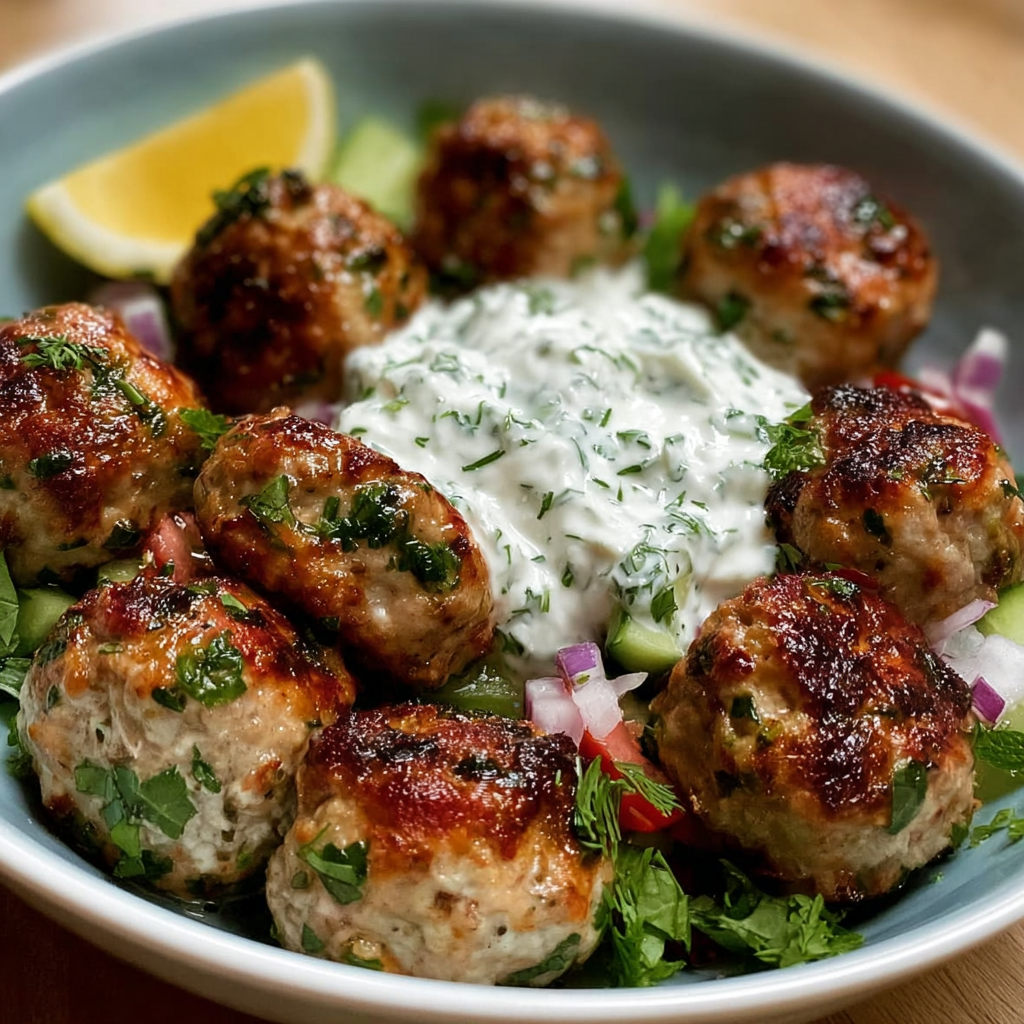 A plate of Greek Chicken Meatballs with Homemade Tzatziki, served with a side of lemon wedges.