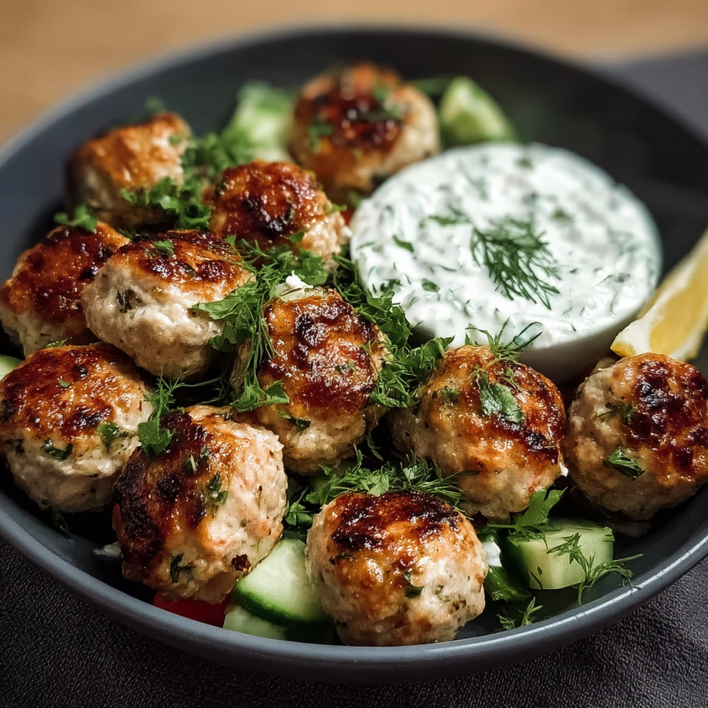 A bowl of Greek Chicken Meatballs with Homemade Tzatziki, served on a table.
