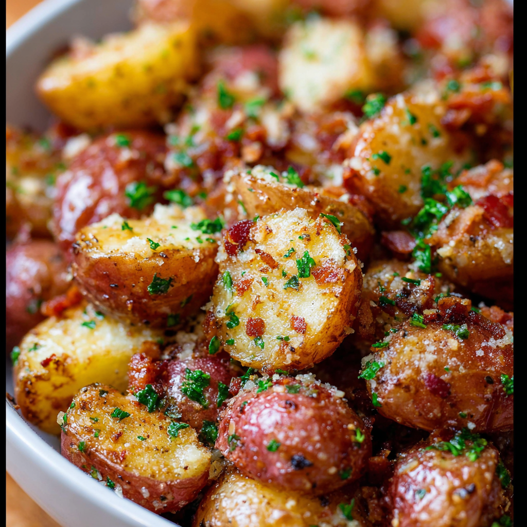 A bowl of roasted garlic butter Parmesan potatoes.