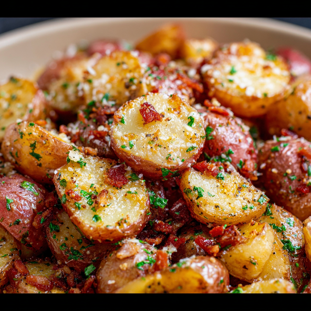 A close-up of a delicious dish of roasted garlic butter Parmesan potatoes.