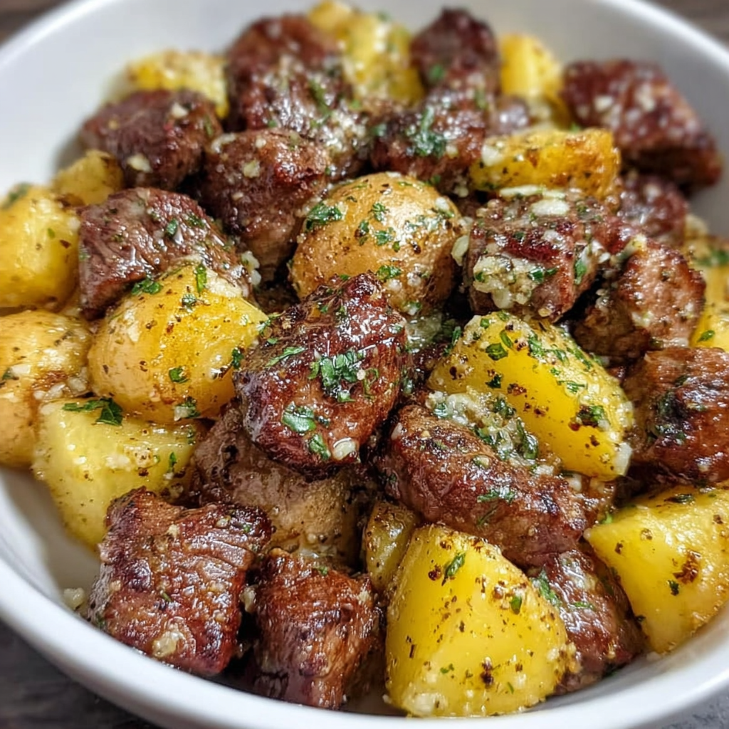 A bowl of delicious steak bites and potatoes, seasoned with garlic butter and air fried to perfection.