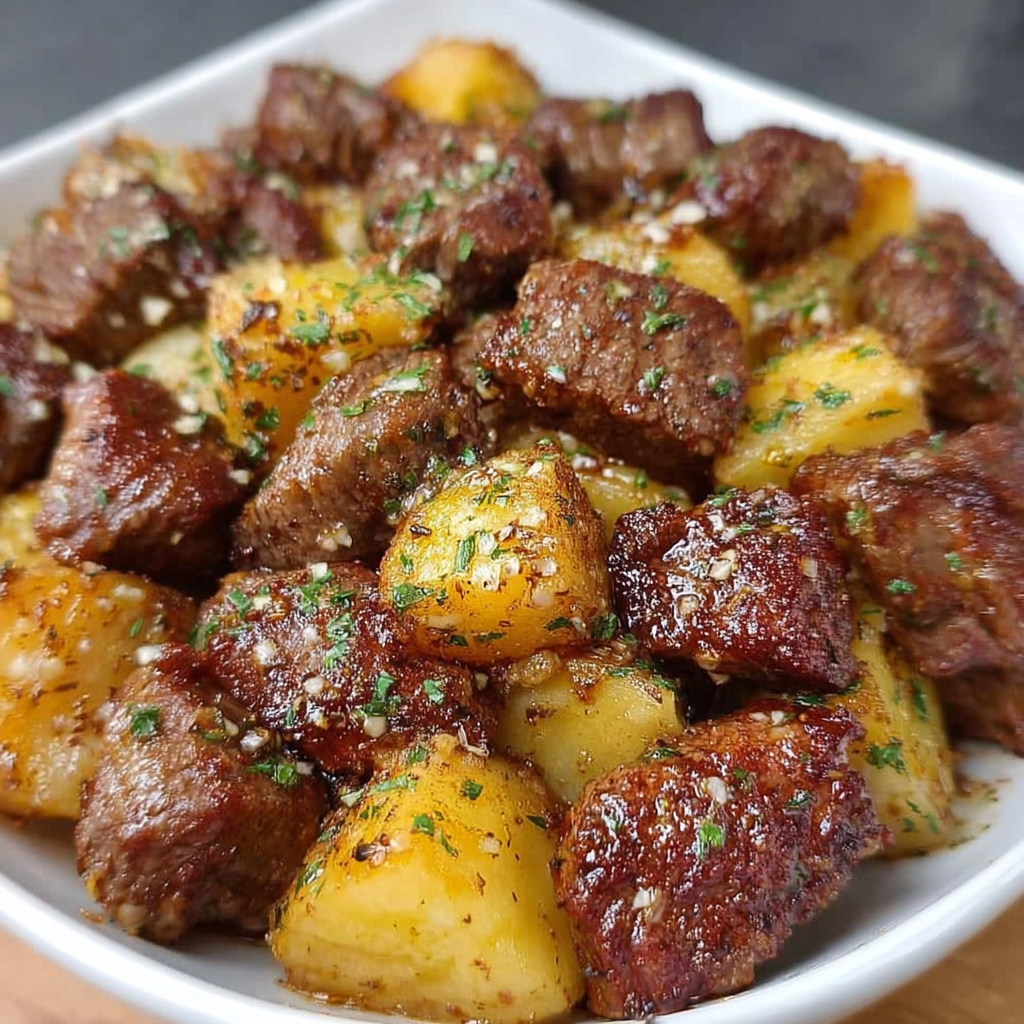 A white bowl filled with steak bites and potatoes, seasoned with garlic butter and air fryer cooked.