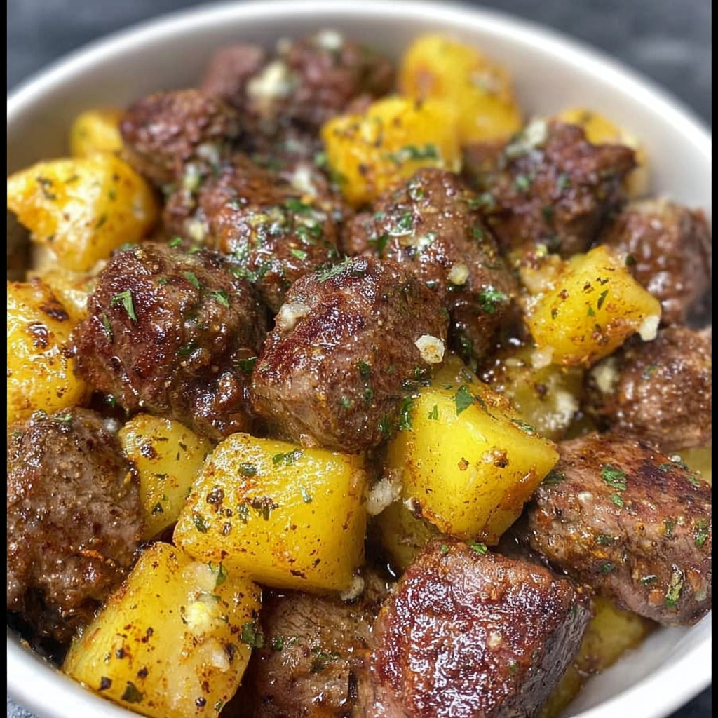 A bowl of delicious steak bites and potatoes, seasoned with garlic butter and air fried for a crispy texture.