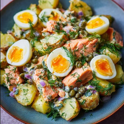 A plate of Russian Salmon Potato Salad with soft-boiled eggs on top.