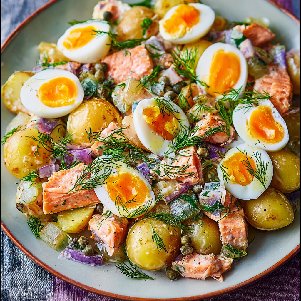A dish of Russian Salmon Potato Salad with Soft-Boiled Eggs.