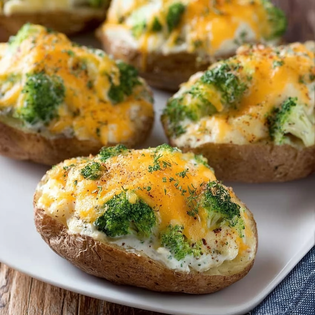 A plate of Twice-Baked Cheesy Broccoli Potatoes.