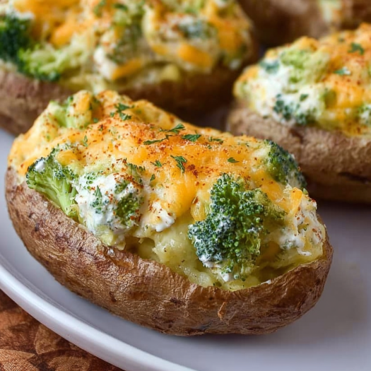 A plate of baked potatoes with broccoli and cheese on top.