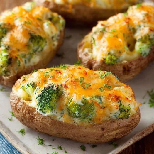 A plate of baked potatoes with broccoli toppings.