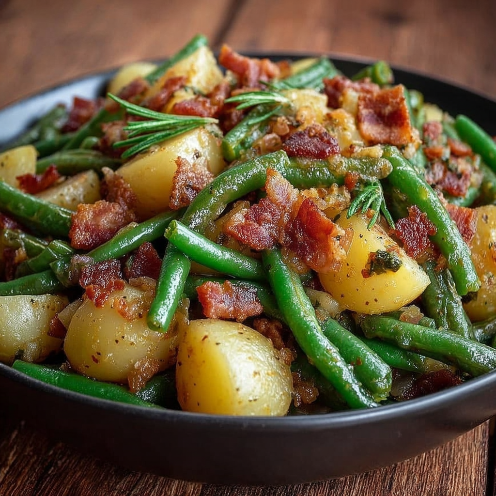 A delicious meal of green beans and potatoes with bacon.