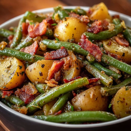A bowl of bacon and green beans, a dish that can be described as a "Bacon and Green Bean Salad.