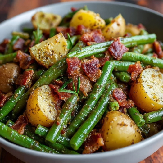 A bowl of vegetables, including potatoes, green beans, and bacon, is served on a wooden table.