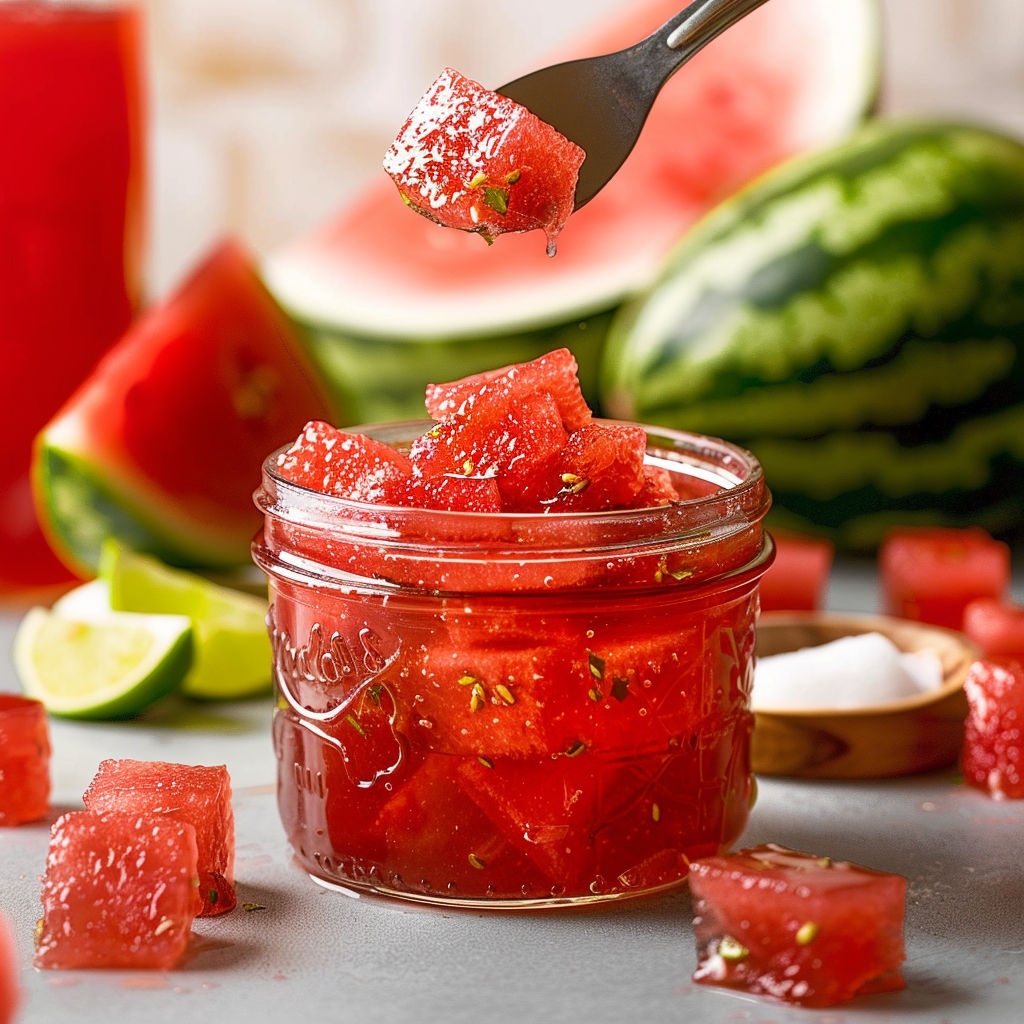A jar of watermelon chunks is being scooped out with a spoon.