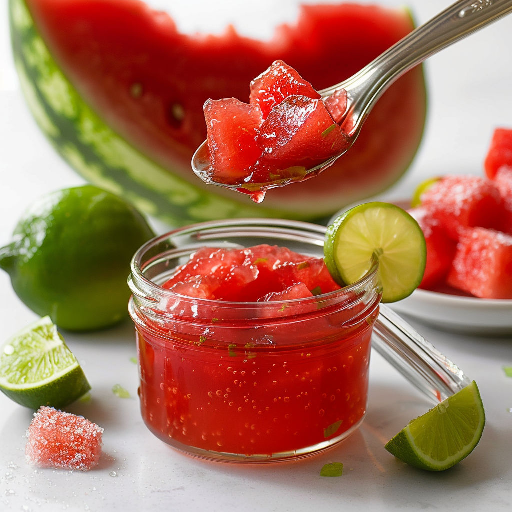 A glass jar of watermelon salsa is being scooped into a bowl.