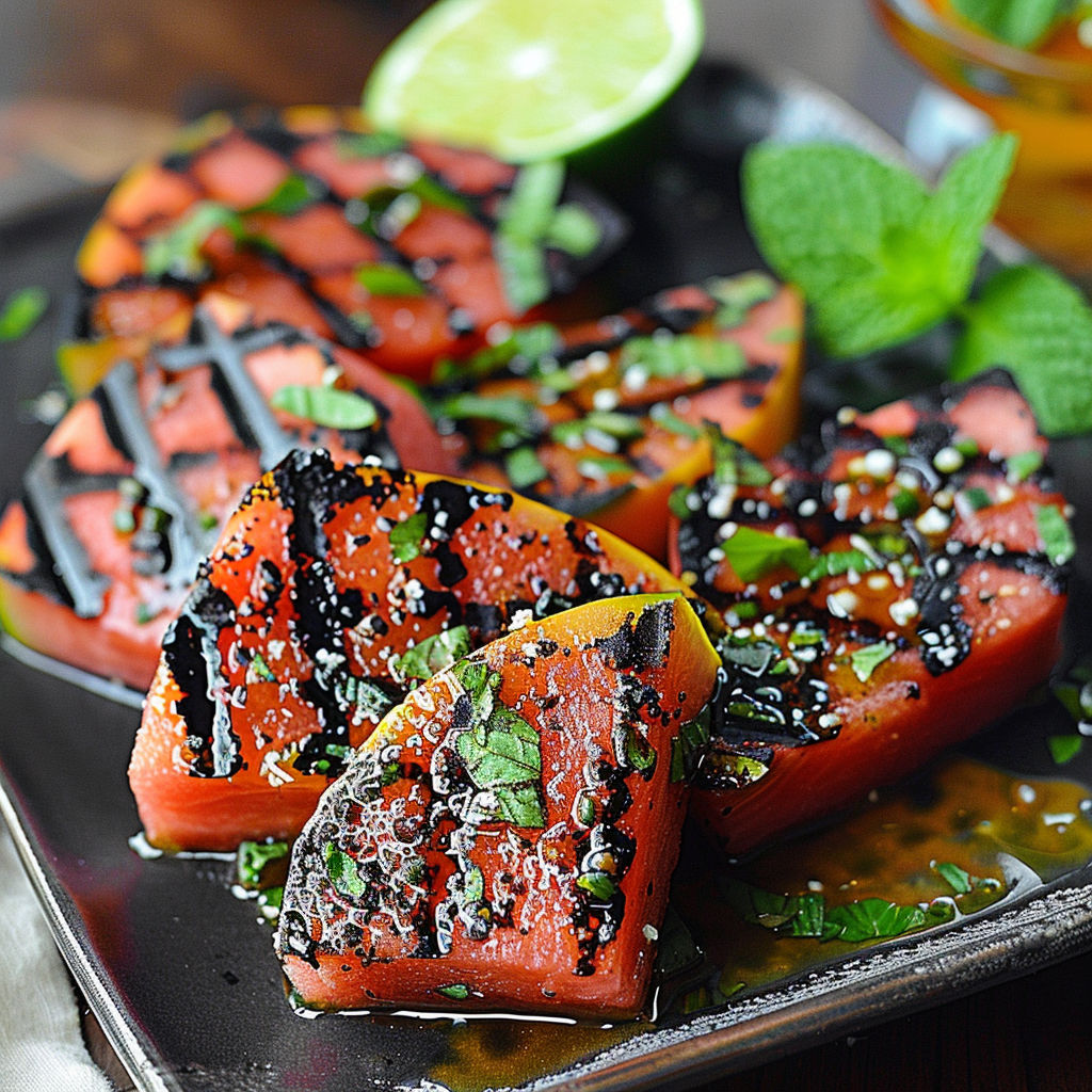 A plate of grilled watermelon with black seeds and mint garnish.