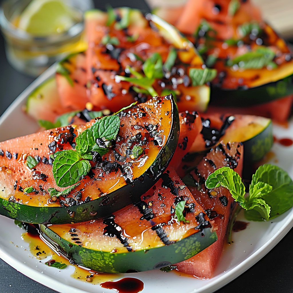 A plate of sliced watermelon with black seeds and mint leaves, drizzled with a sauce.