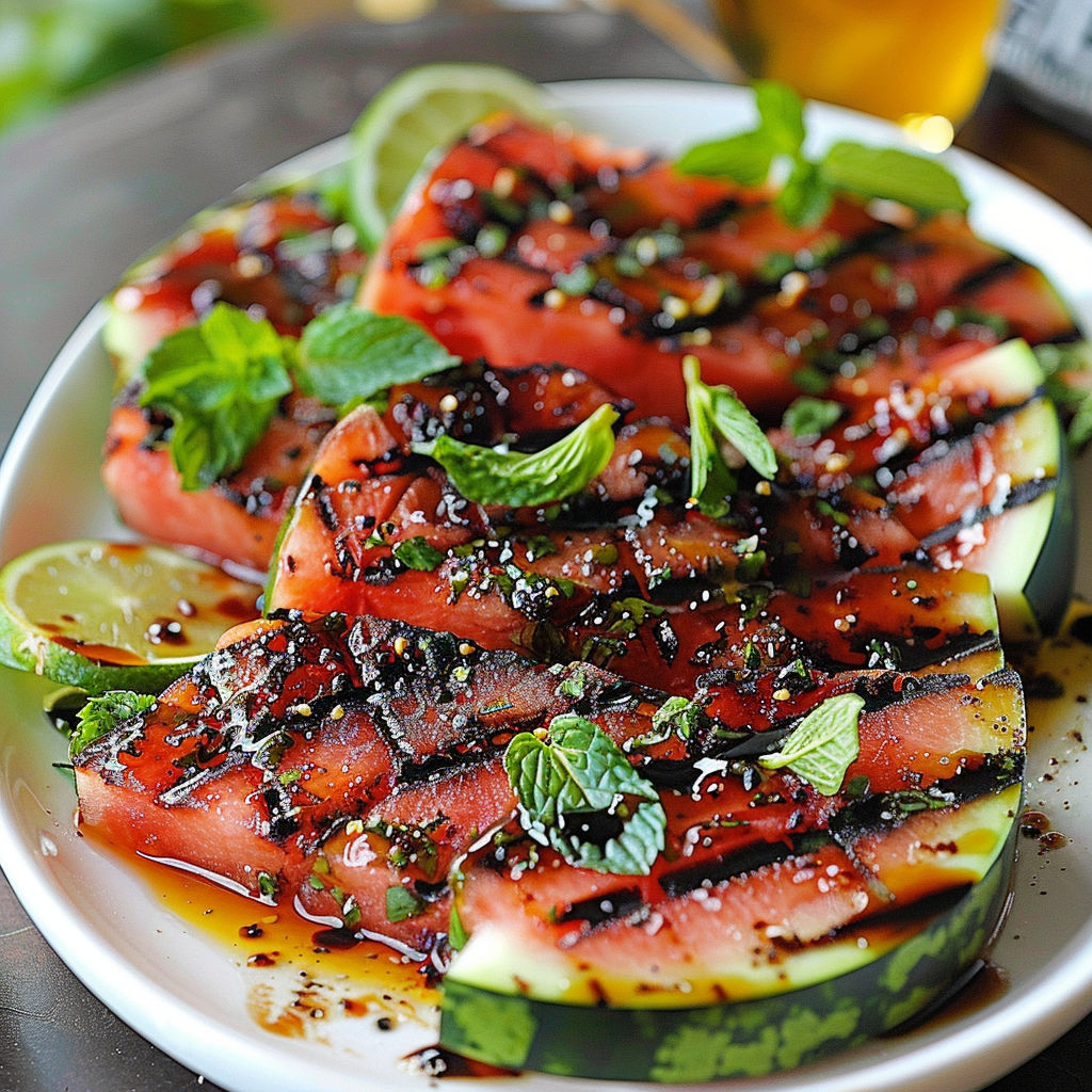 A plate of grilled watermelon slices with mint leaves and a glass of beer.