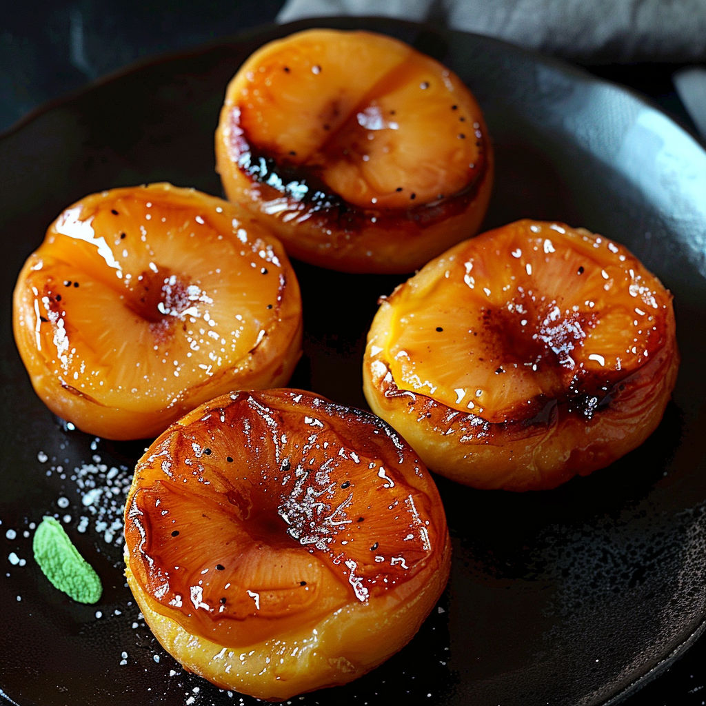 Three slices of pan-fried peaches on a black plate.