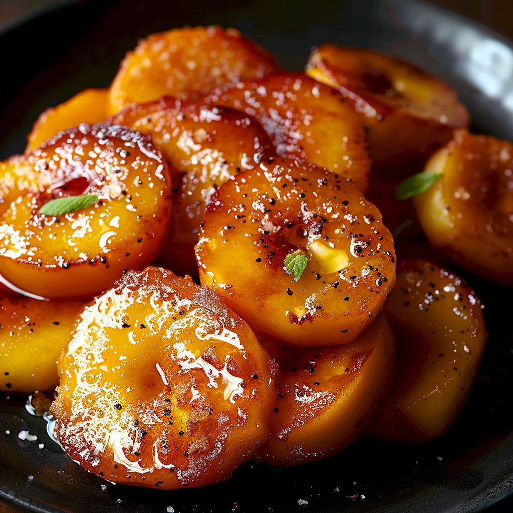 A plate of grilled peaches with a sprinkle of black pepper and a hint of salt.
