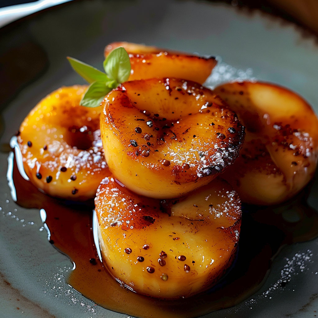 A plate of grilled peaches with a sprig of mint on top.