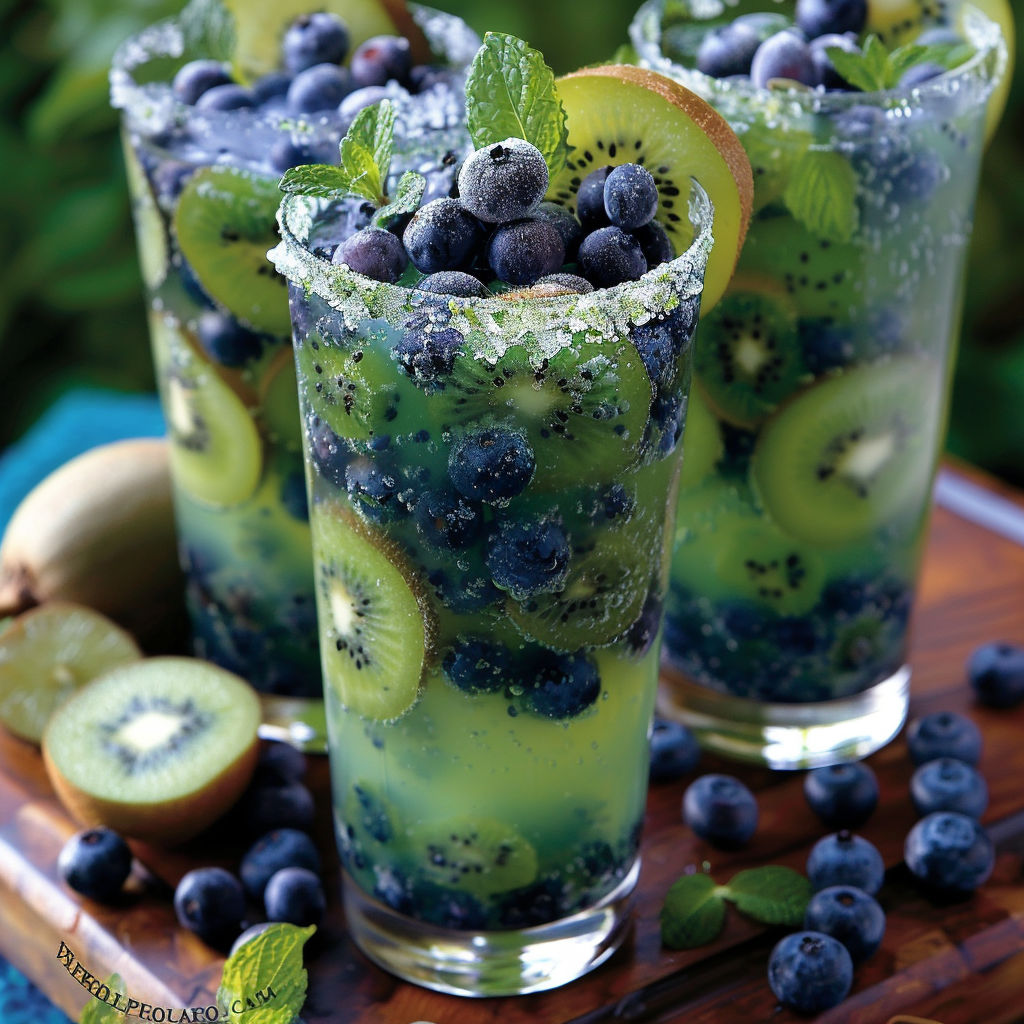 Two glasses of Kiwi Blueberry Mojito, a refreshing and healthy drink.
