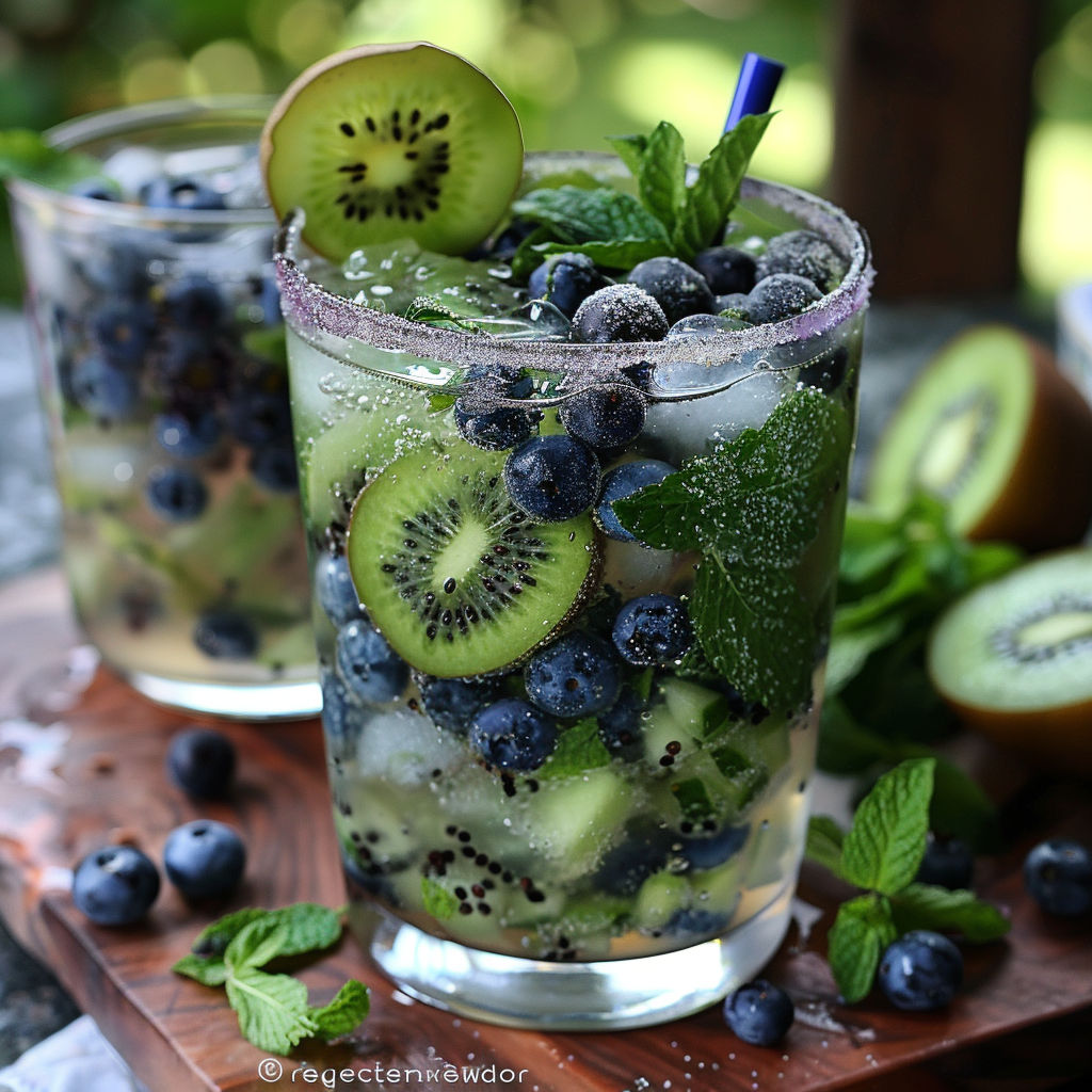 A glass of blueberry kiwi cocktail with a blueberry on top.