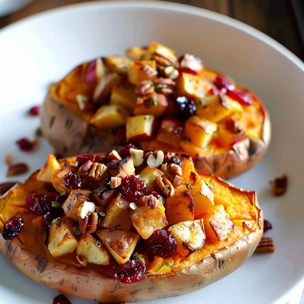 A plate of twice-baked sweet potatoes with cranberry and apple toppings.