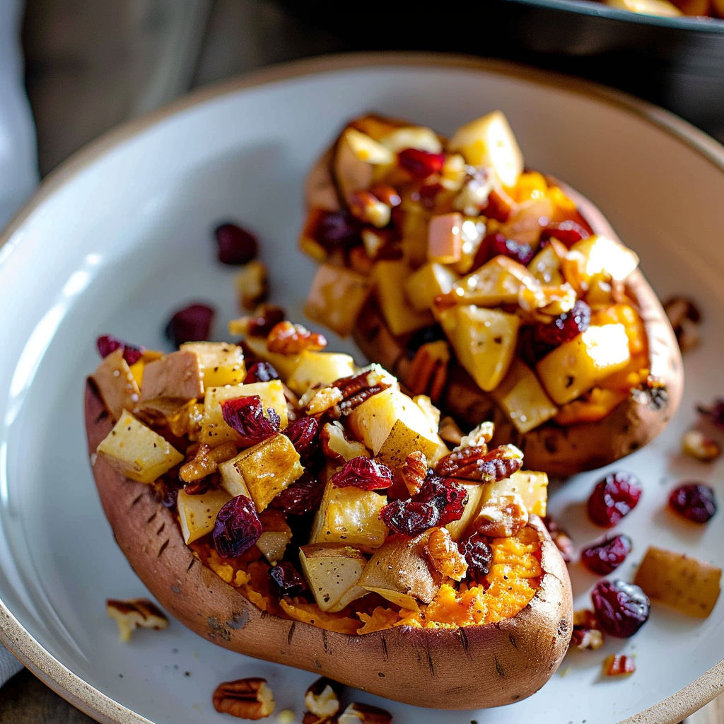 A plate of roasted sweet potatoes with a variety of toppings, including nuts and berries.