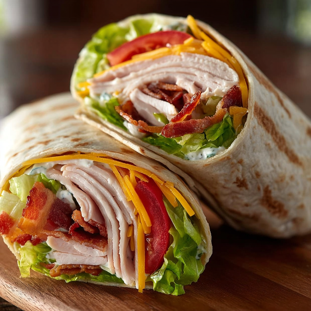 Turkey Ranch Club Wrap sitting on a wooden board filled with lettuce, cheddar, juicy tomato, and turkey slices.