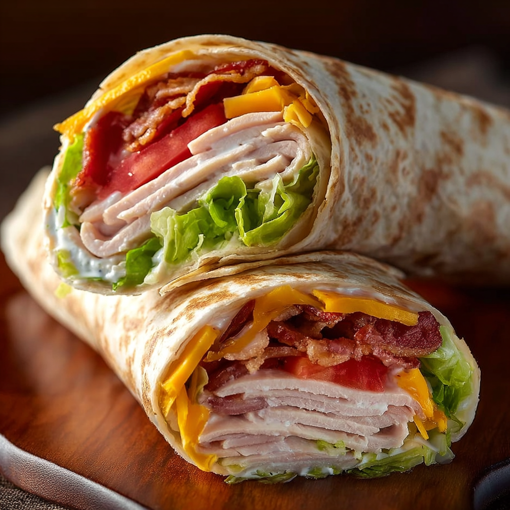 Two halves of a savory sandwich rest on a wood board, filling in full view.