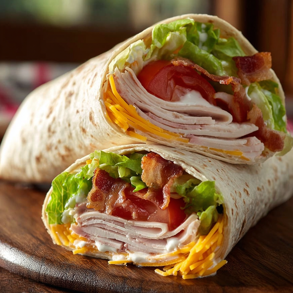 A rolled tortilla packed with turkey, crunchy lettuce, juicy tomato, and bacon is sliced and ready to eat.